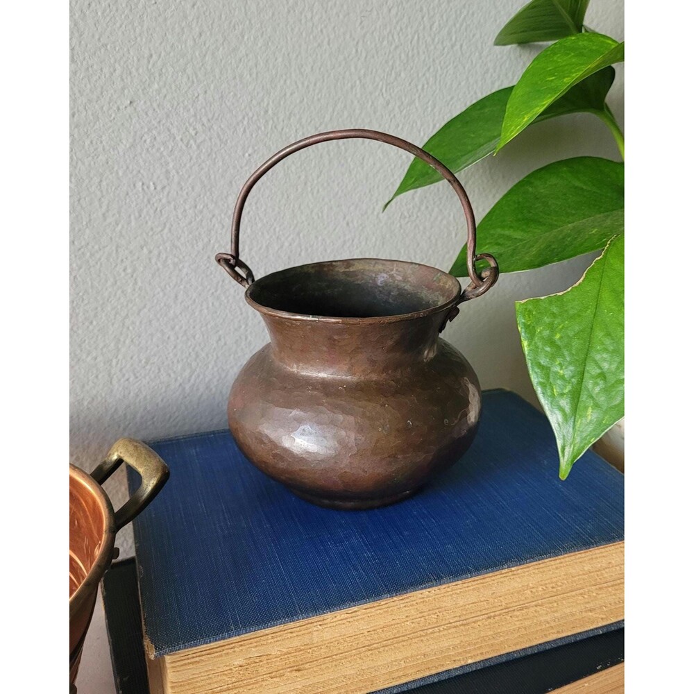 Antique Hammered Copper Cauldron Small Decorative Kettle with Handle